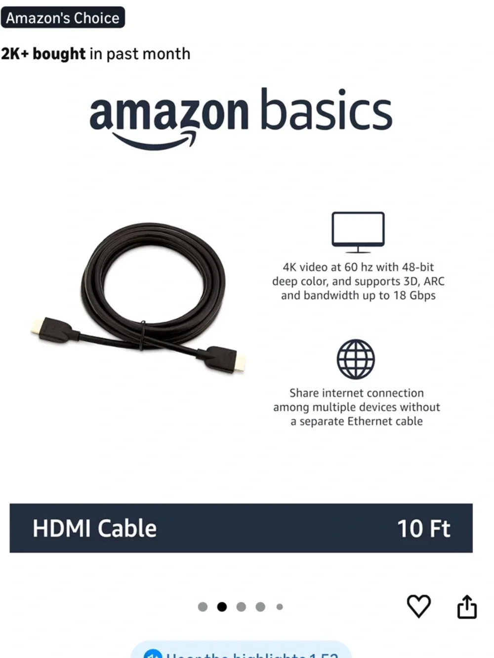AMAZON BASICS | High-Speed HDMI 2.0 Cable- Black, 10 ft